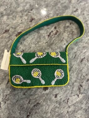 Anthropologie Green Beaded Tennis Racket Bag with Yellow Trim
